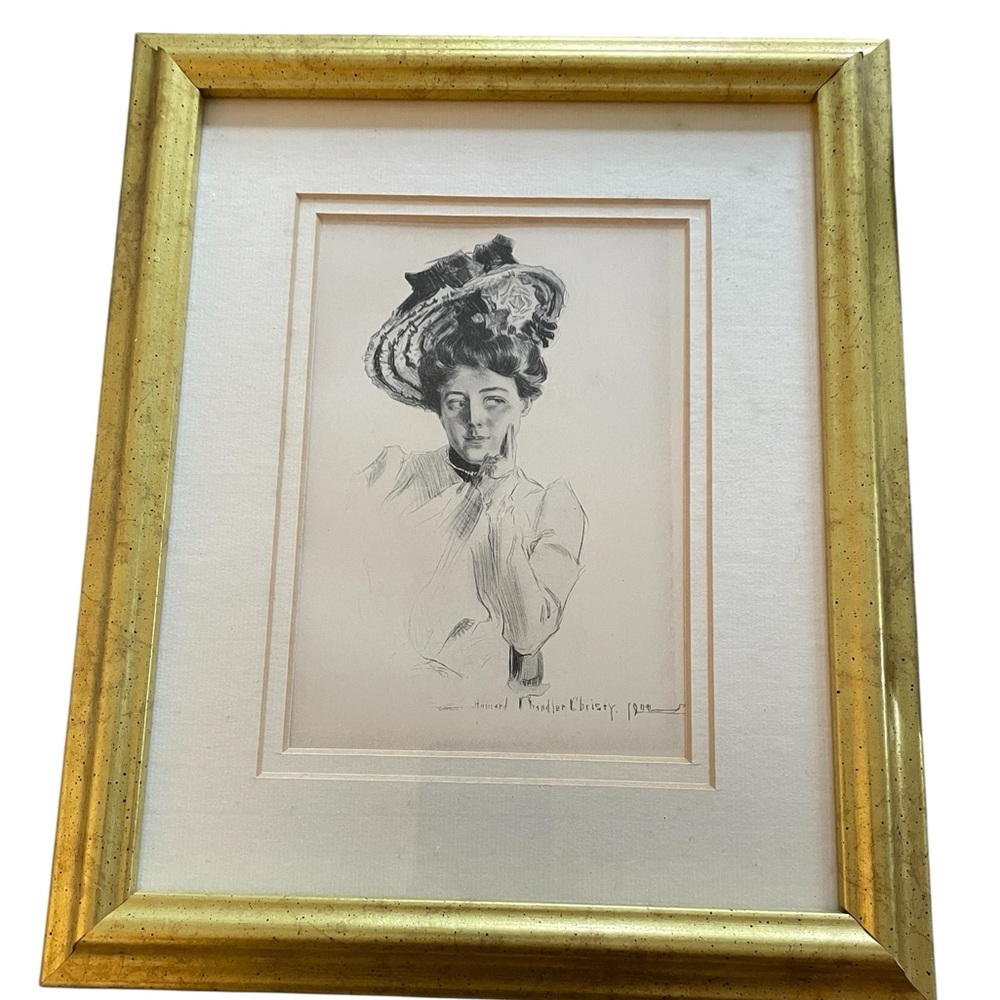 Vintage gold framed art Gilded Age Christy girl lady print reproduction